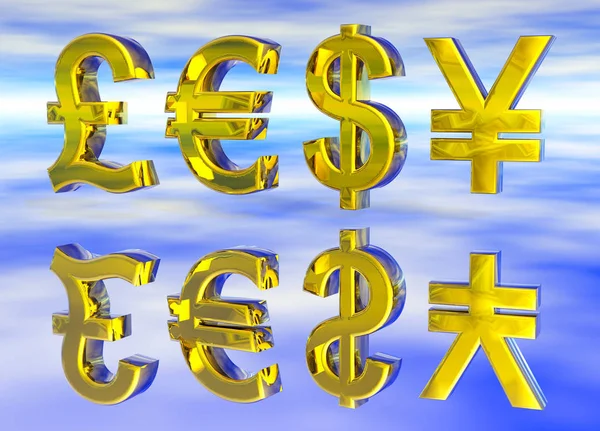 Euro Libra Dólar Yen Símbolos Oro Con Reflexión —  Fotos de Stock
