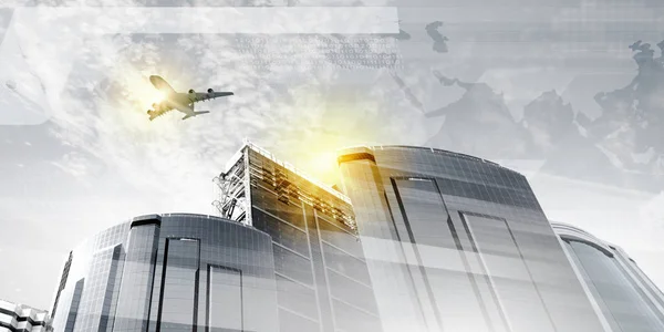 Avión Volando Sobre Rascacielos Concepto Viaje Empresarial — Foto de Stock
