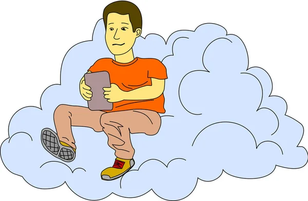 若い男は 彼が雲の中に座っている間 彼のタブレットをチェックします — ストック写真