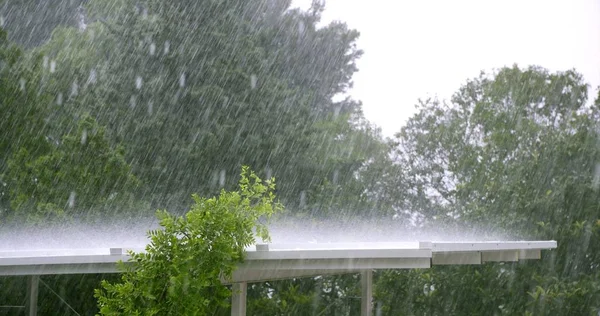 Pluie Sur Toit Blanc Dans Une Tempête Ouragan Arbres Arrière — Photo