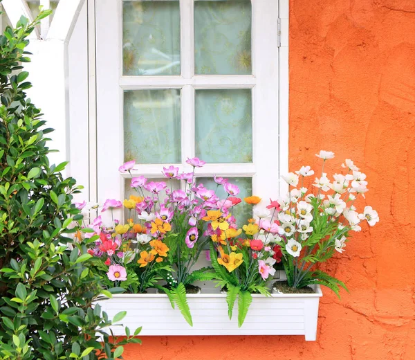 Квіткова Коробка Вікні Помаранчевої Будівлі — стокове фото