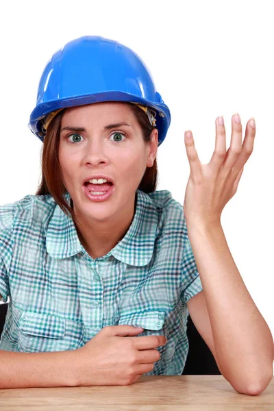 Mulher Com Capacete Isolado Branco — Fotografia de Stock