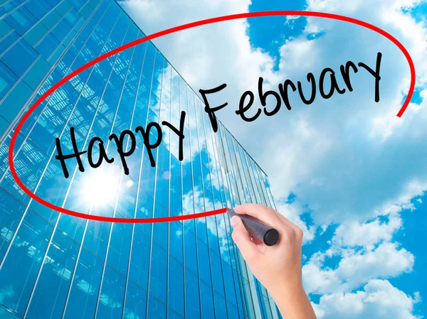 Women Hand Writing Happy February Black Marker Visual Screen Isolated — Stock Photo, Image