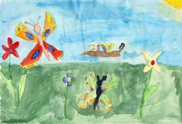 Dzieci Rysunek Wody Kolor Farby Papierze Butterflys — Zdjęcie stockowe