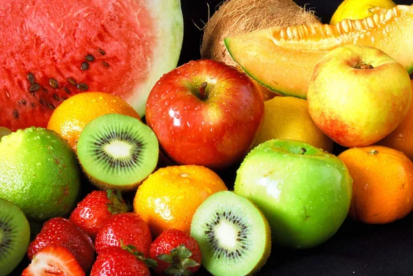 Colorful Fresh Fruit Assortment Black Background — Stock Photo, Image