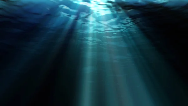 High quality ocean waves from realistic underwater. Light rays shining through. Computer graphic 3d rendering