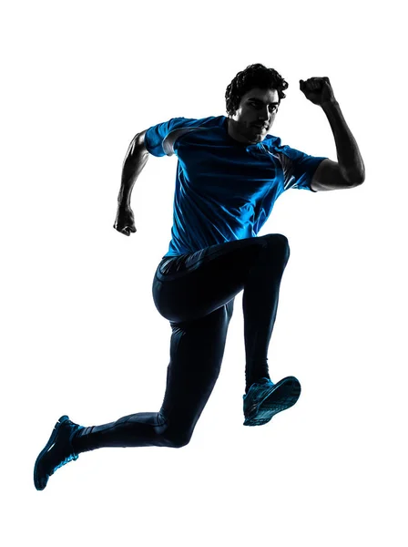 One Caucasian Man Running Sprinting Jogging Silhouette Studio Isolated White — Stock Photo, Image