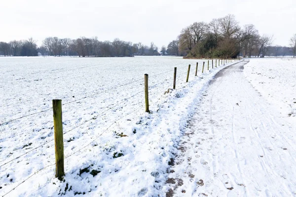 Schneelandschaft Mit Fußweg Zwischen Almen Winter — Stockfoto