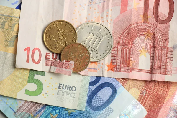 Crisis Del Euro Una Moneda Dracma Griega Época Billete Euro — Foto de Stock