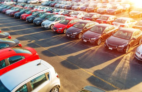 Händler Neuwagen Lager Auf Dem Händlerparkplatz Warten Bunte Nagelneue Kompaktwagen — Stockfoto