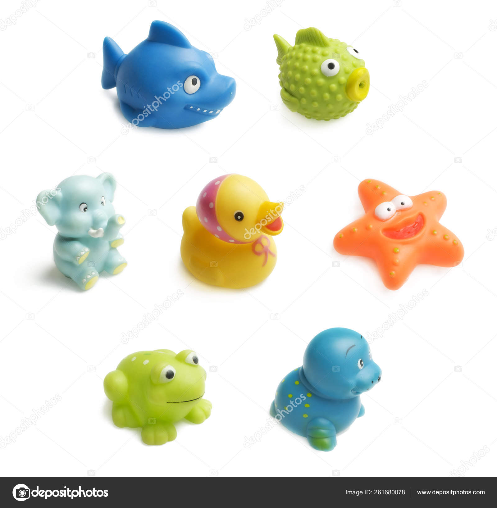 Seven Colorful Bath Toys Child Isolated White Background Each Toy