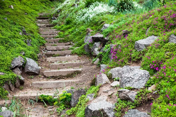 Πέτρινες Σκάλες Στον Καταπράσινο Ανθισμένο Κήπο — Φωτογραφία Αρχείου