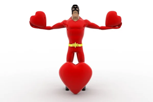 Süper Kahraman Holding Kalp Kavramı Beyaz Arka Planda Açık Açılı — Stok fotoğraf