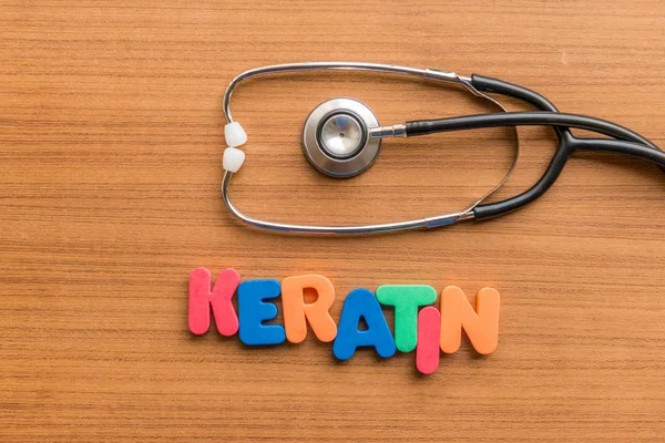 Keratin Colorful Word Stethoscope Wooden Background — Stock Photo, Image