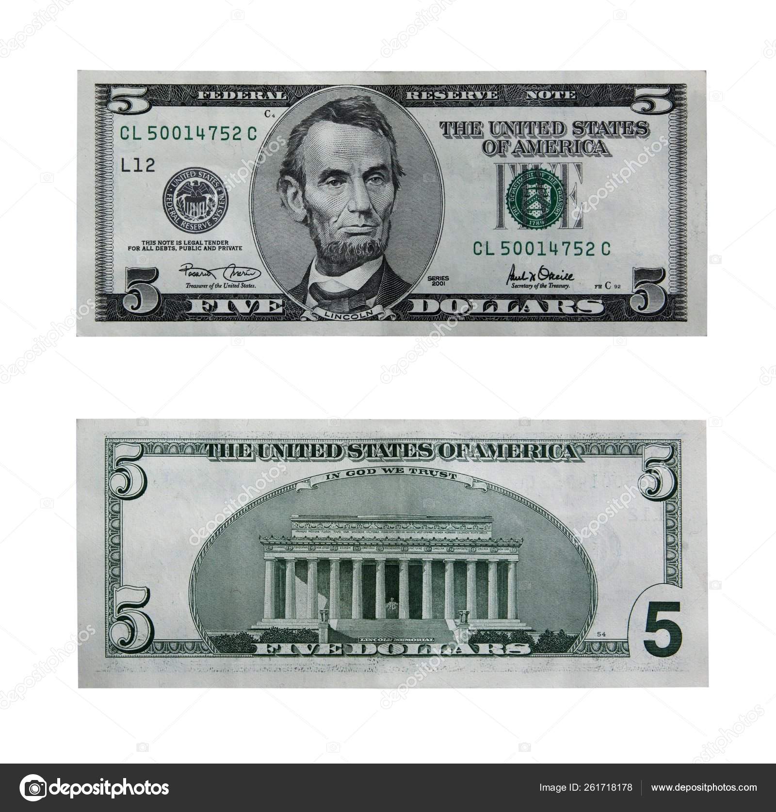 Both Sides Five Dollar Bill Isolated White Clipping Path – Stock ...