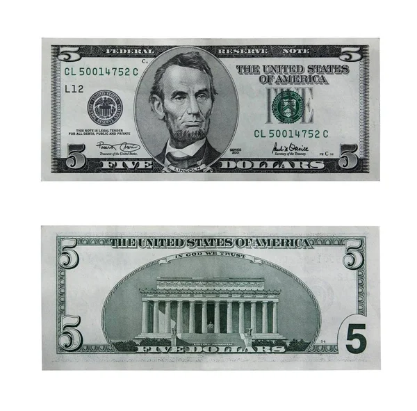 Beş Dolarlık Banknotun Her Iki Tarafı Beyaz Üzerinde Kupür Yolu — Stok fotoğraf