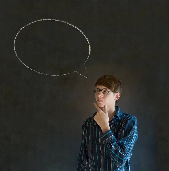 Business man, student or teacher with speech bubble talk talking on blackboard background