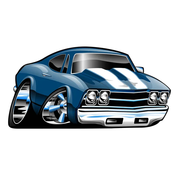 ホットアメリカの筋肉の車の漫画 白いストライプ クロムの多く 積極的な姿勢 控えめな 大きなタイヤとリムを持つブルー — ストック写真