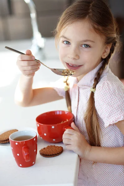 Portrait Child Having Breakfast Kitchen Home — Stock Photo, Image