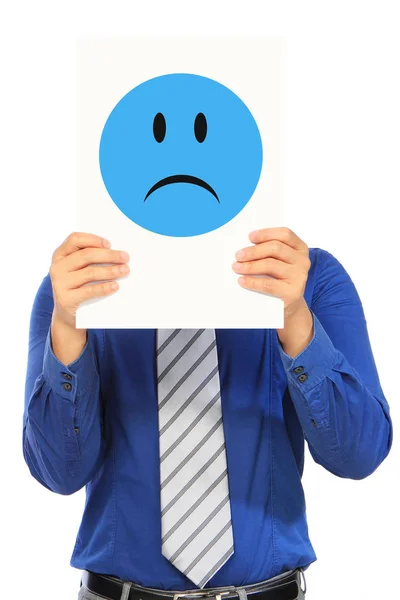 Muž Košili Kravatě Držící Tváři Tabuli Modrou Smutnou Emotišku — Stock fotografie