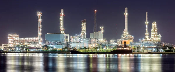 Panorama Landscape Oil Refinery Plant River Tanker Night — Stock Photo, Image