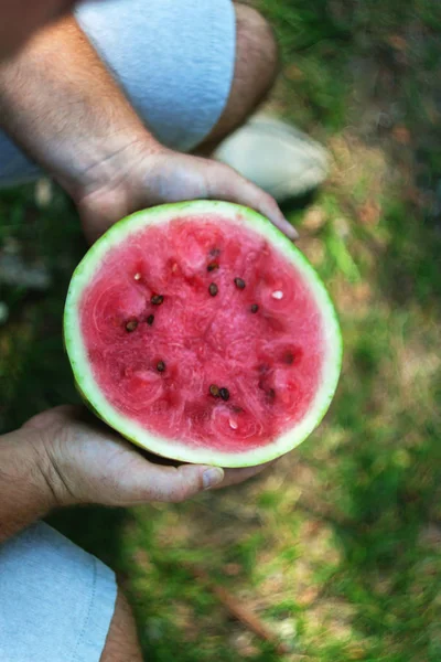 Ung Man Innehar Halv Vattenmelon Händerna Begreppet Hälsosam Kost Och — Stockfoto