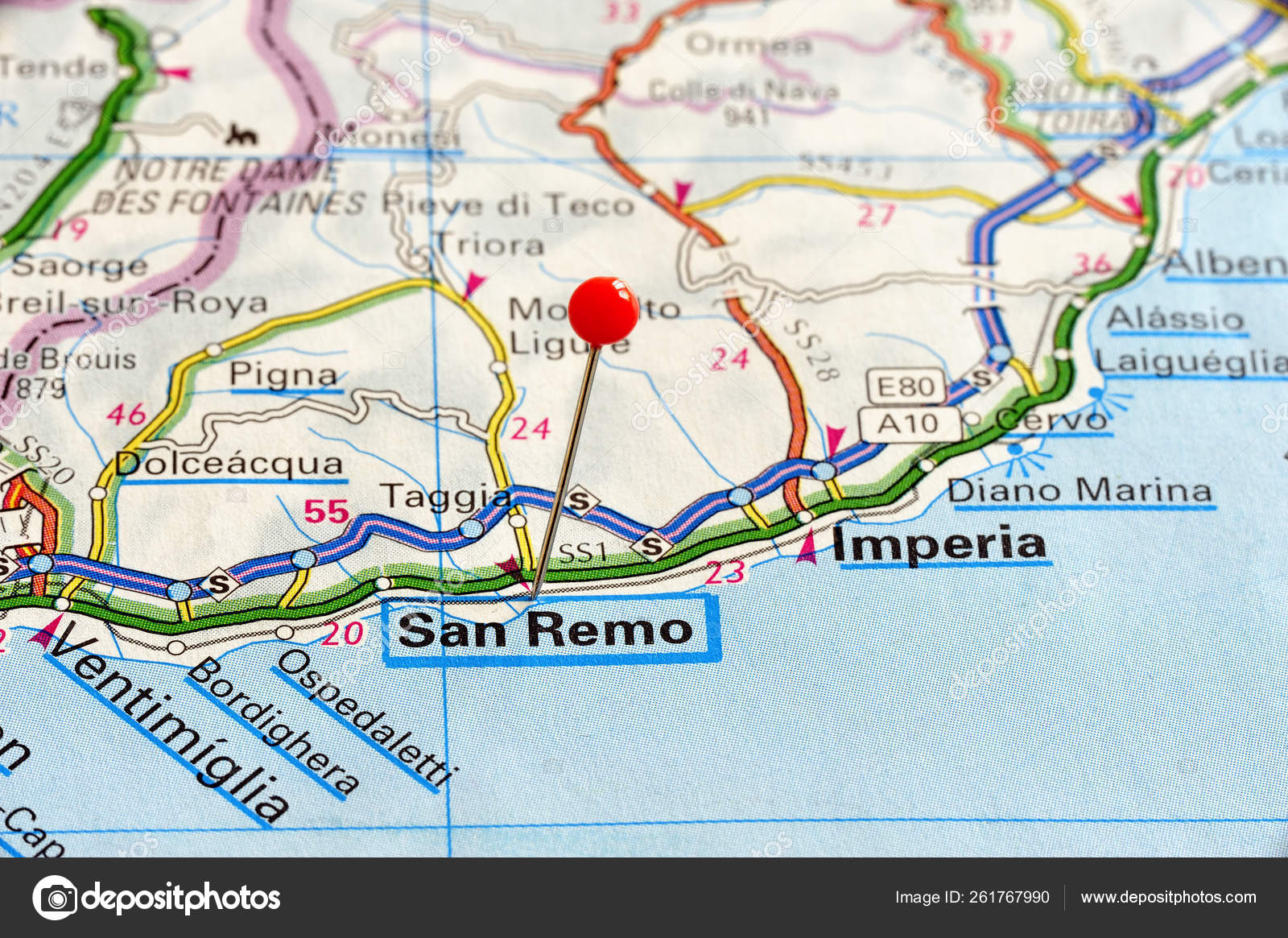 Closeup Map San Remo San Remo City Italy Picture Kak Stock Photo by