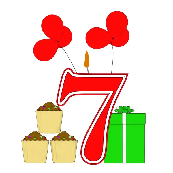 Vela Número Siete Mostrando Globos Regalos Cupcakes —  Fotos de Stock