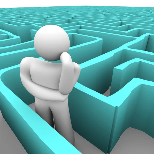 A person stands stuck in a maze trying to think of a way out