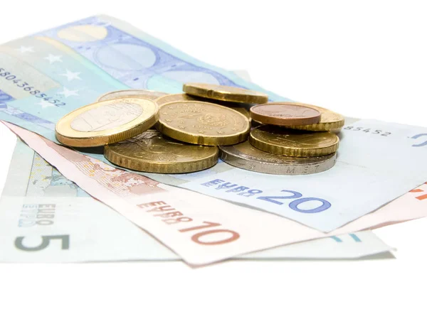 Tres Billetes Monedas Euros Blanco — Foto de Stock