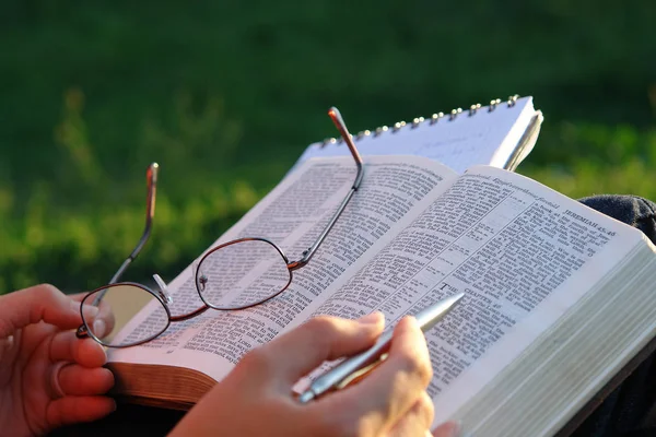 Student Liest Einem Öffentlichen Park Aus Der Bibel — Stockfoto