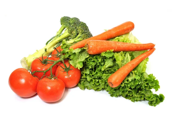 Laitue Feuillue Verte Brocoli Carottes Tomates Isolées Sur Fond Blanc — Photo