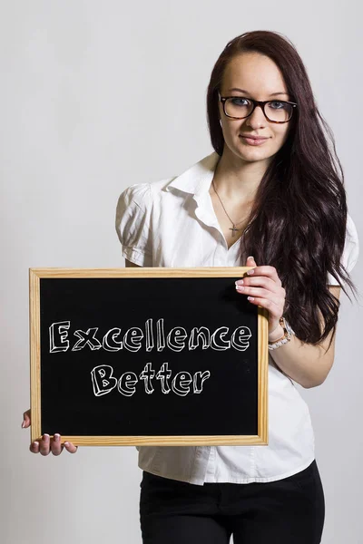 Excellence Bättre Ung Affärskvinna Holding Chalkboard Vertikal Bild — Stockfoto