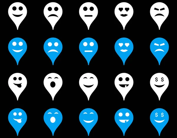 Emotion map marker icons. Glyph set style is bicolor flat images, blue and white symbols, isolated on a black background.
