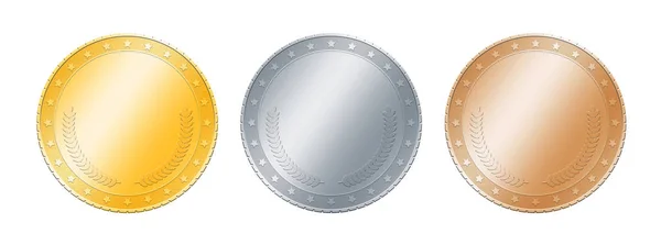 Закрыть Три Металлических Золотые Серебряные Бронзовые Чистые Монеты Медали Шаблон — стоковое фото