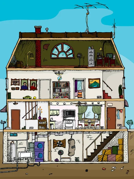 Story Old House Cartoon Cross Section Basement — Stok fotoğraf