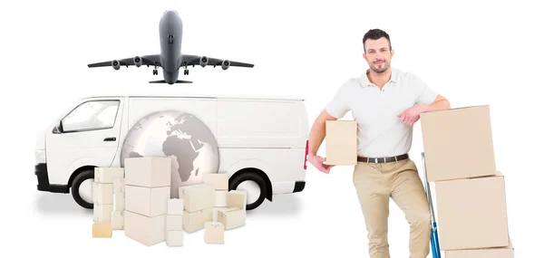 Pengiriman Manusia Dengan Troli Kotak Terhadap Konsep Logistik — Stok Foto
