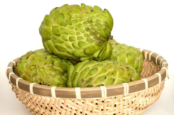 Custard Apples Bamboo Basket Isolated White Background — Stock Photo, Image