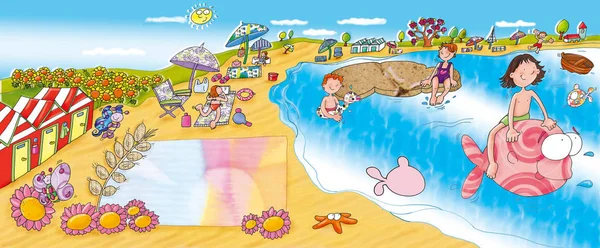 Spiaggia Paesaggio Con Bambina Che Cavalca Pesce — стоковое фото