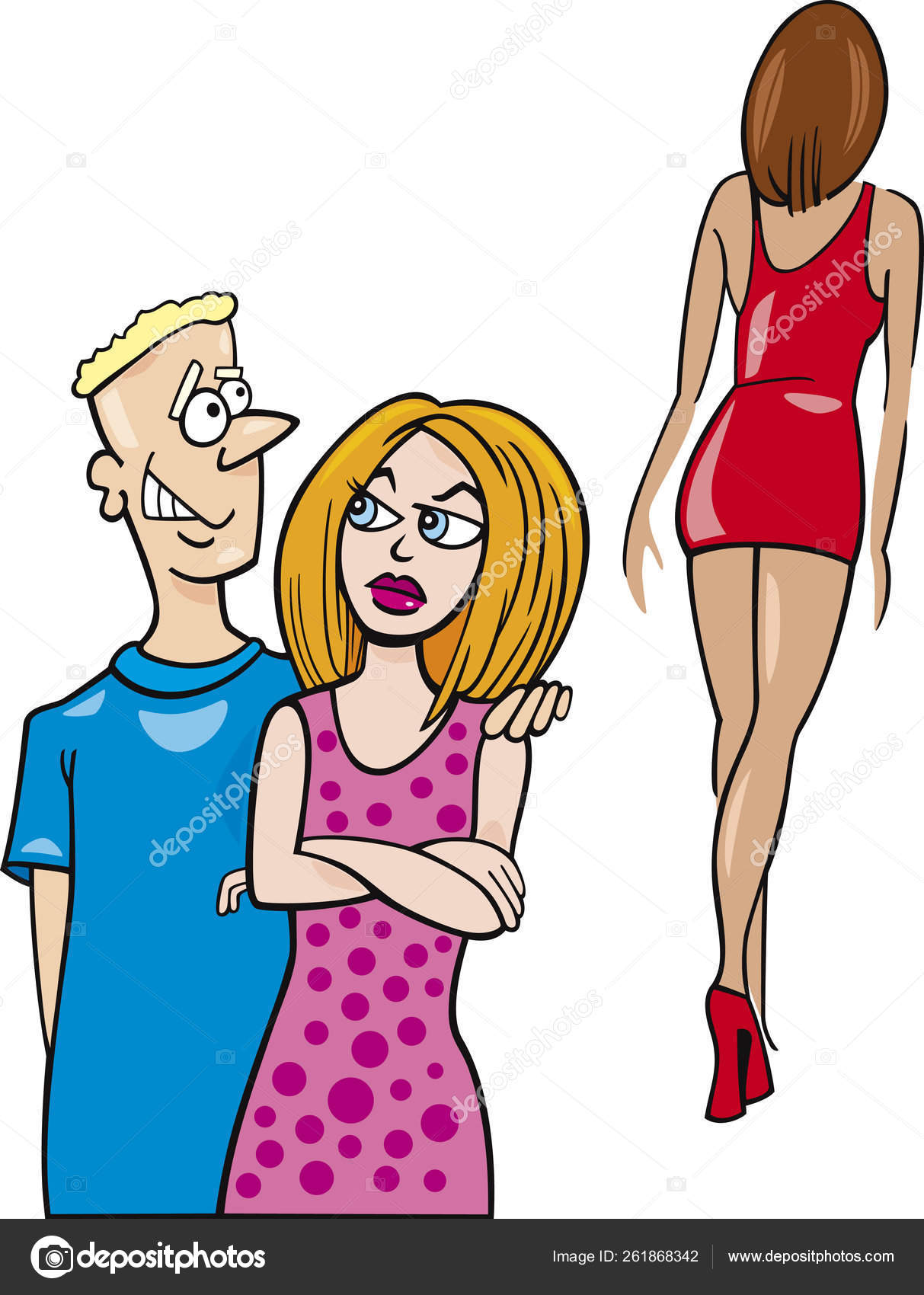 Cartoon Illustration Jealous Woman Her Boyfriend Looking Sexy Girl Stock  Illustration by ©YAYImages #261868342