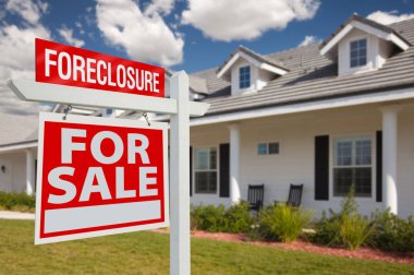 Foreclosure Home For Sale Real Estate Sign in Front of New House - Left Facing. clipart