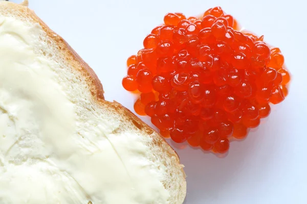 Closeup Whole Lot Red Caviar White Bread Butter — Stock Photo, Image
