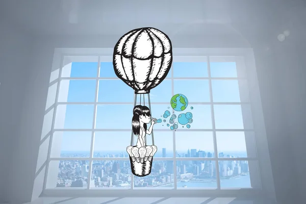 Дівчина Повітряній Кулі Дме Бульбашки Землі Проти Кімнати Великим Вікном — стокове фото
