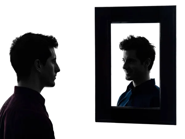 Mann Vor Seinem Spiegel Ernst Schatten Weißer Hintergrund — Stockfoto