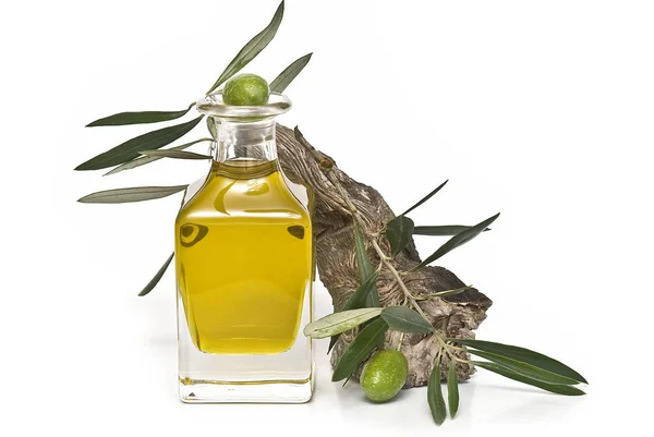 Olive Oil Bottle Witn Olives Olive Branches Isolated White Background — Stock Photo, Image