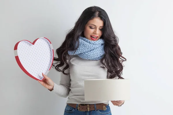 Woman Open Heart Shaped Box Valentines Day Love Concept — Stock Photo, Image