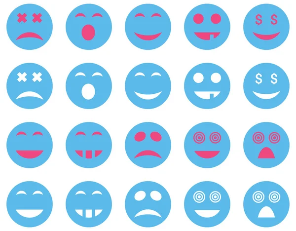 Smile and emotion icons. Glyph set style is bicolor flat images, pink and blue symbols, isolated on a white background.