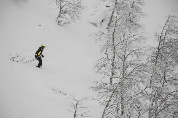 Freeride Lyžař Svahu Divokých Hill Lesa Zimě Laponsko — Stock fotografie