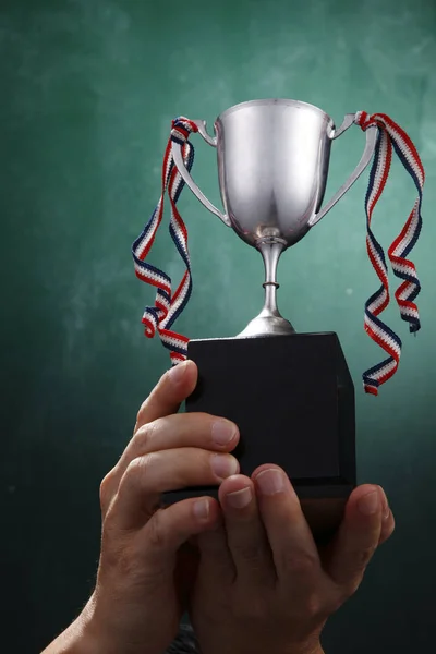 Mão Humana Segurando Troféu Prata — Fotografia de Stock