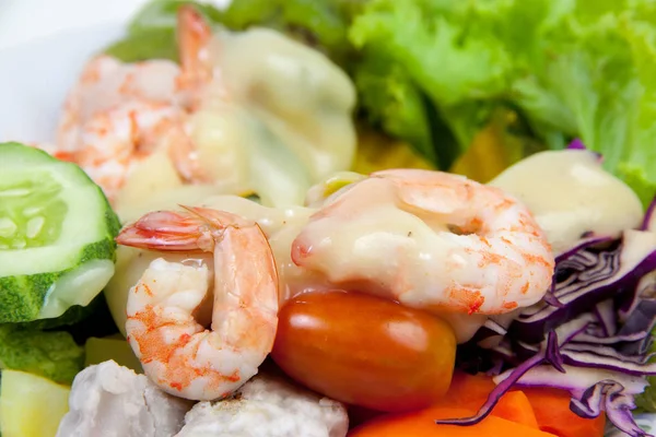 Closeup Boiled Shrimp Vegetables Fruits Put Salad Dressing — Stock Photo, Image